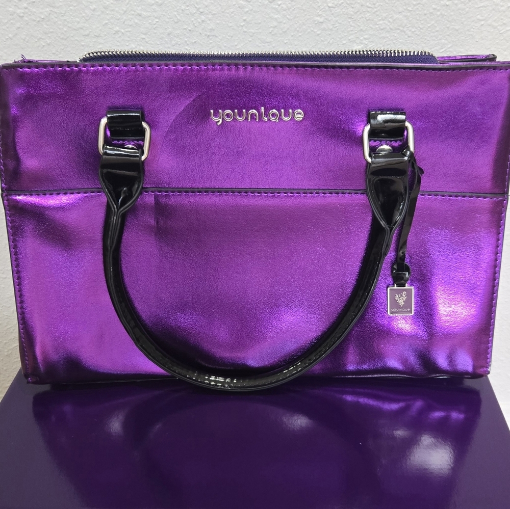 Younique Metallic Purple Tote Bag with Black Handles